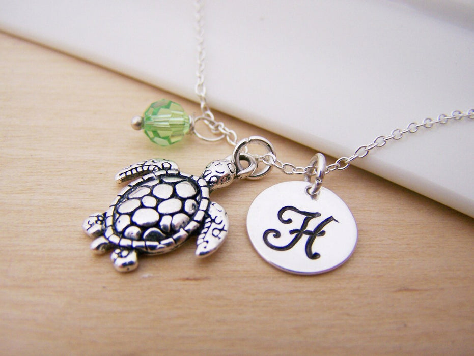 Sea Turtle Necklace – Sterling Silver with Birthstone & Initial Charm