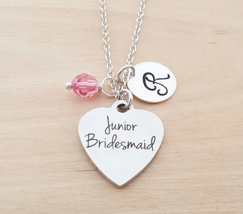 Junior Bridesmaid Necklace – Sterling Silver with Birthstone & Initial – Flower Girl Gift