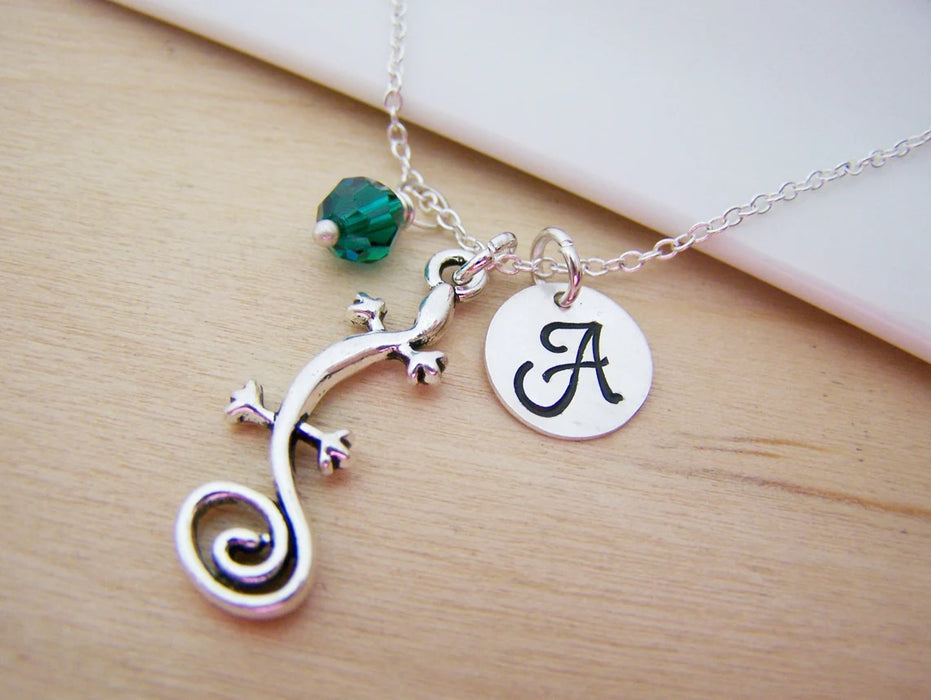 Personalized Gecko Necklace – Sterling Silver Chain with Birthstone & Initial