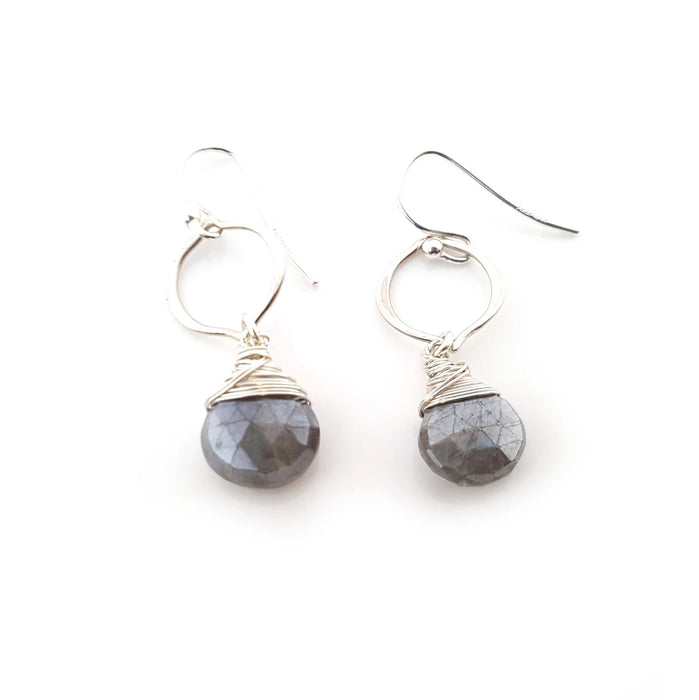 Grey Moonstone Gemstone Wire Wrapped Briolette Drop Earrings