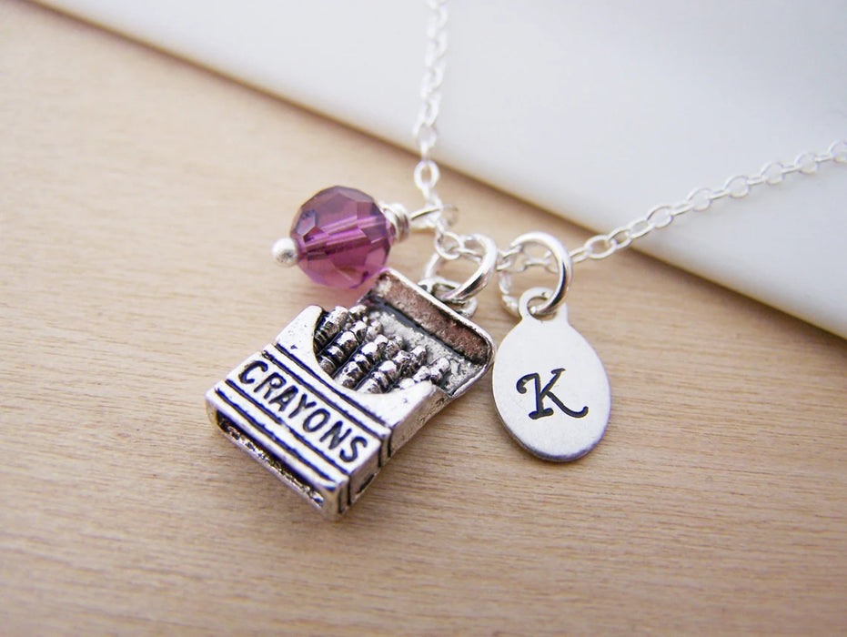 Personalized Crayon Necklace – Sterling Silver Chain with Birthstone & Initial