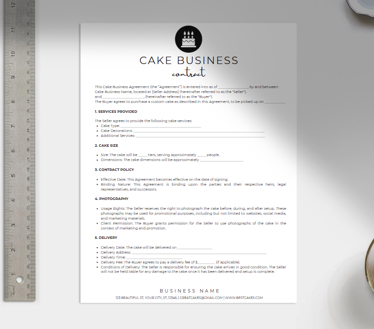 Cake Business Contract Template – 3-Page Editable Canva Form (Instant Download)