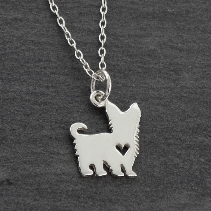 Yorkshire Terrier Necklace – Sterling Silver Dog Charm with Heart Cutout on 18" Chain