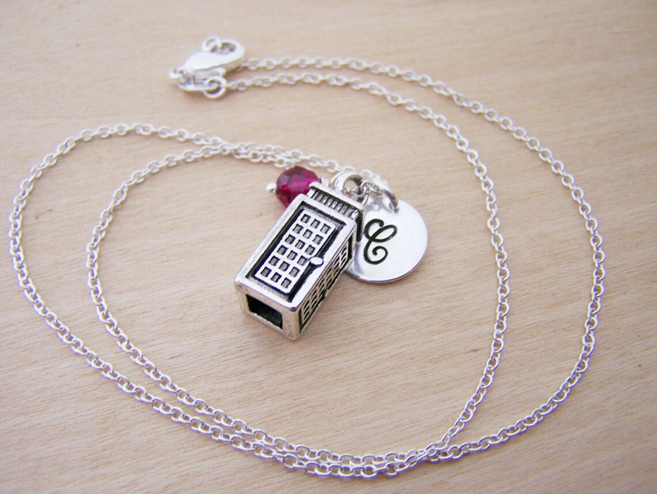 TARDIS Phone Booth Necklace – Sterling Silver with Birthstone & Initial Charm
