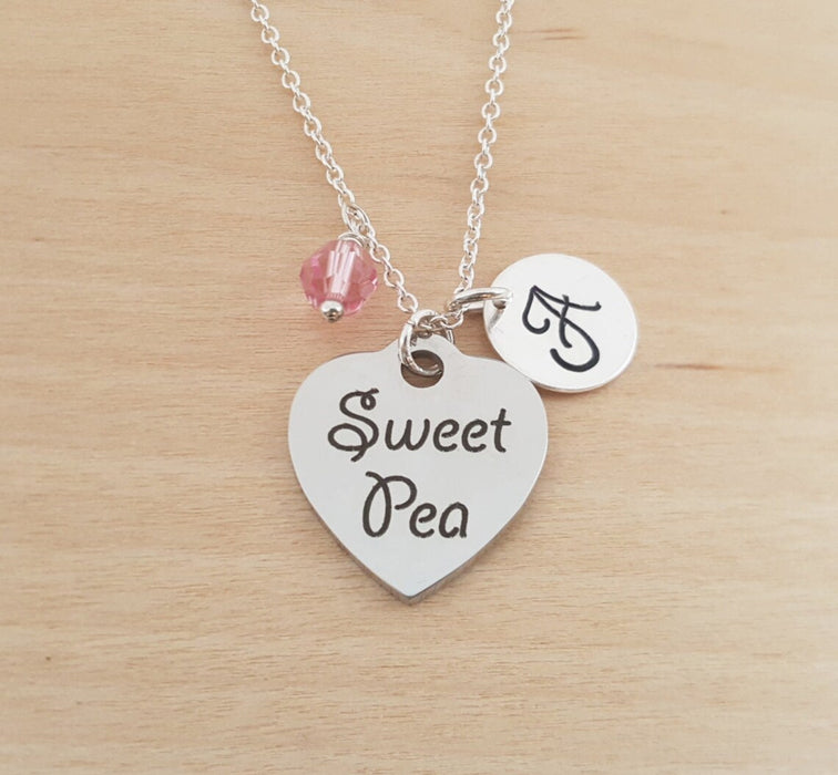 Sweet Pea Necklace – Sterling Silver with Birthstone & Initial Charm
