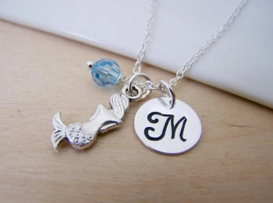 Mermaid Necklace – Sterling Silver with Birthstone & Initial Charm