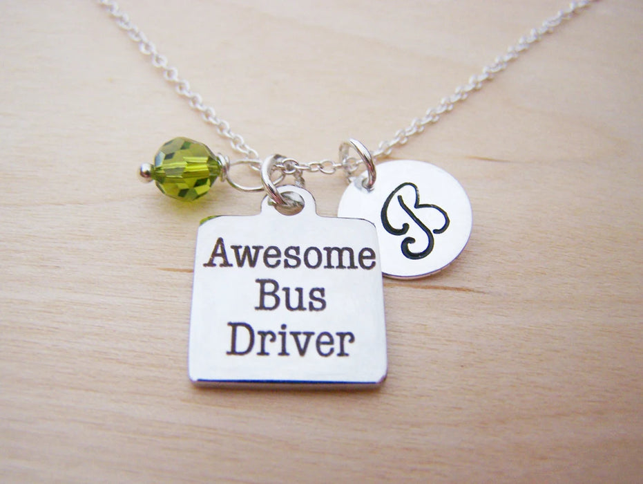 Personalized Bus Driver Necklace – Sterling Silver Chain with Birthstone & Initial