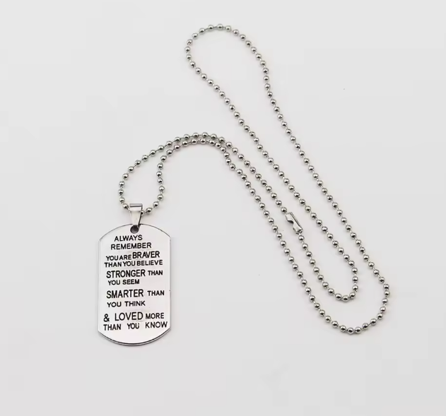 Men’s Inspirational Dog Tag Necklace – Stainless Steel “Always Remember” Quote – 24” Ball Chain