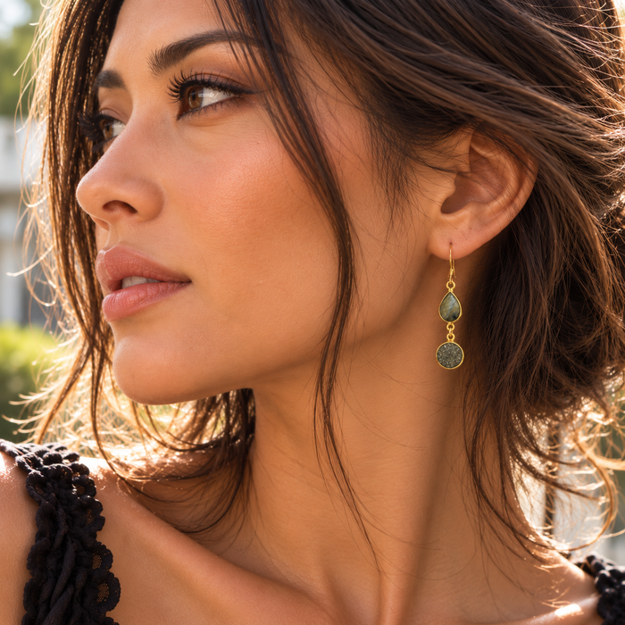 Labradorite & Gray Druzy Drop Earrings – 14k Gold Filled