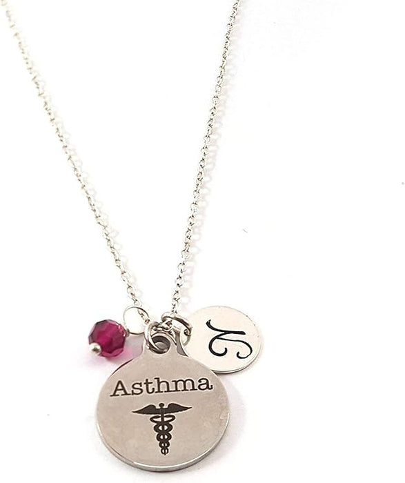 Asthma Medical Alert Necklace – Stainless Steel Caduceus Charm Sterling Silver Chain – Personalized Initial Birthstone Jewelry