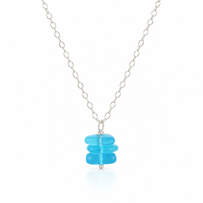 Aqua Sea Glass Trio Stack Necklace – Sterling Silver, 18”
