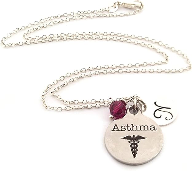 Asthma Medical Alert Necklace – Stainless Steel Caduceus Charm Sterling Silver Chain – Personalized Initial Birthstone Jewelry
