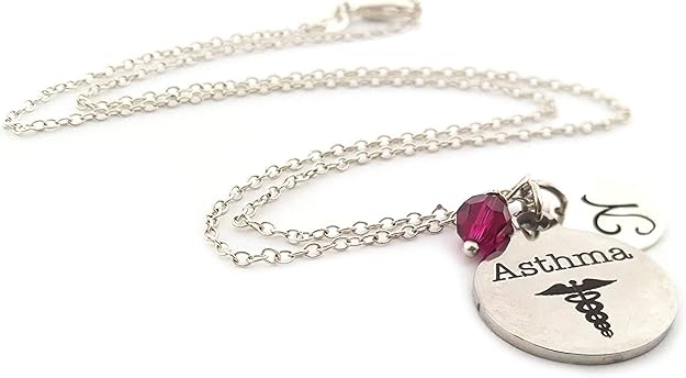 Asthma Medical Alert Necklace – Stainless Steel Caduceus Charm Sterling Silver Chain – Personalized Initial Birthstone Jewelry