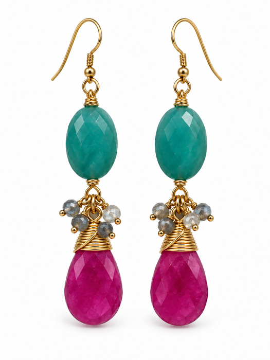 Hot Pink & Seafoam Green Gemstone Earrings