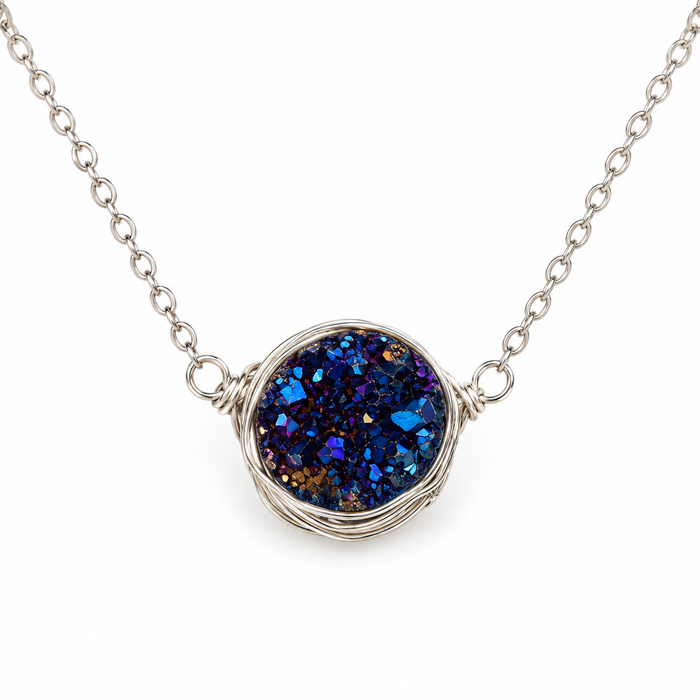 OOAK Blue Druzy Sterling Silver Wire Wrapped Necklace