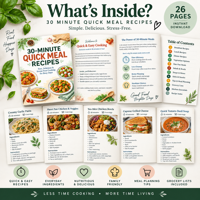 30-Minute Quick Meal Recipes | Digital Recipe Book + Meal Planning Guide
