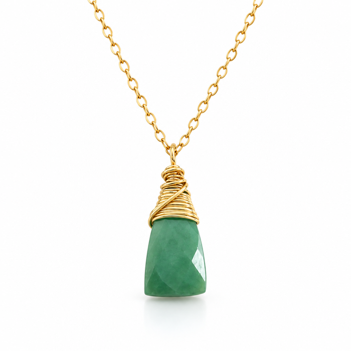 Chrysoprase Wire Wrapped Necklace – Green Gemstone Briolette, 14k Gold Filled, 16" Handmade Chain