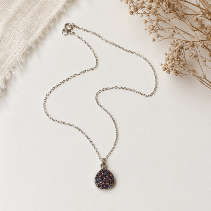 Purple Druzy Teardrop Necklace – Sterling Silver – One of a Kind
