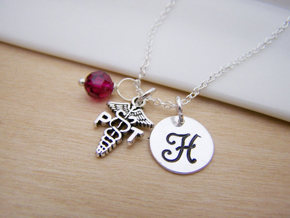 Physical Therapist Necklace – Sterling Silver with Birthstone & Initial Charm
