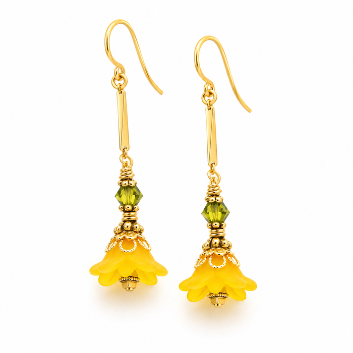 Orange Lucite Flower & Swarovski Crystal Dangle Earrings