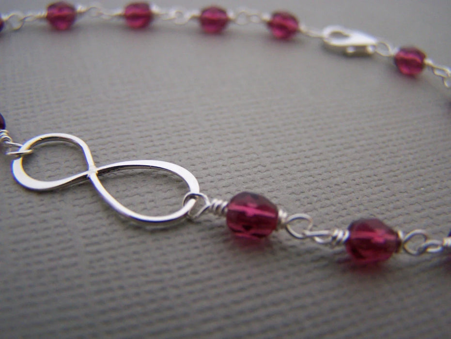 Fuchsia Czech Glass Sterling Silver Infinity Wire Wrapped Bracelet