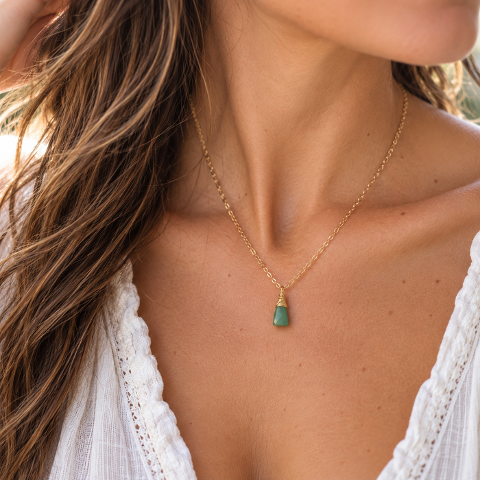 Chrysoprase Wire Wrapped Necklace – Green Gemstone Briolette, 14k Gold Filled, 16" Handmade Chain