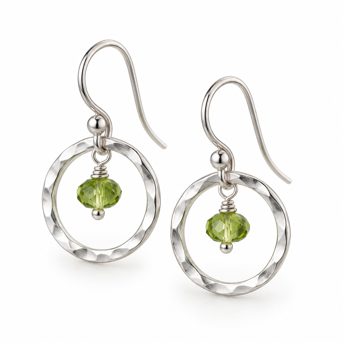 Orbit Peridot Gemstone Earrings – Sterling Silver Hammered Hoops