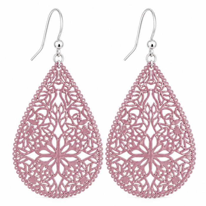 Pink Filigree Teardrop Earrings | Sterling Silver Ear Wires