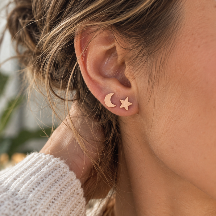 Mismatched Moon & Star Stud Earrings – Rose Gold Stainless Steel