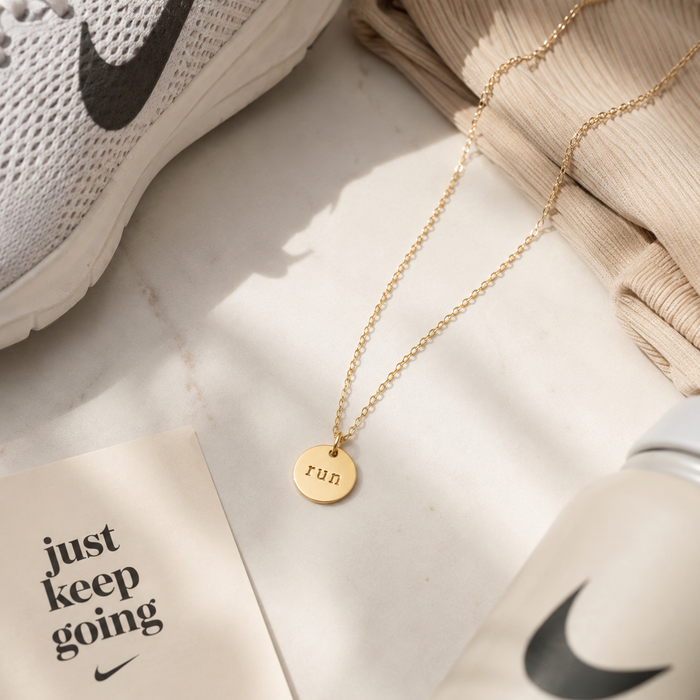 Hand Stamped “Run” Charm – 14k Gold Filled Disc Pendant – Fitness Jewelry for Runners