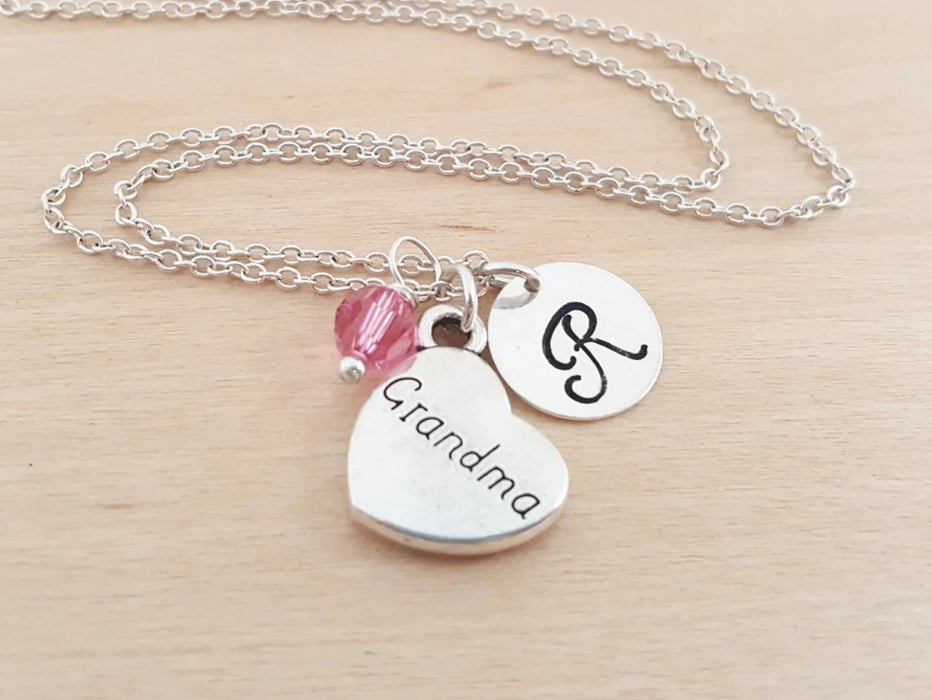 Grandma Necklace – Sterling Silver with Birthstone & Initial Charm