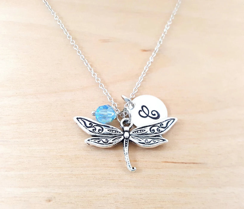 Personalized Dragonfly Necklace – Sterling Silver Chain with Birthstone & Initial