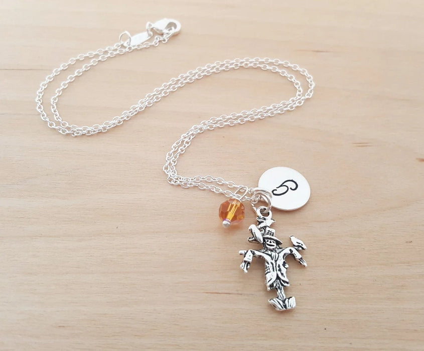 Personalized Scarecrow Necklace – Sterling Silver Chain with Birthstone & Initial