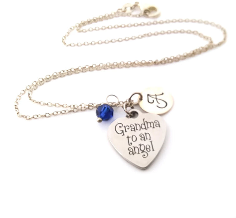 Grandma to an Angel Necklace – Sterling Silver with Birthstone & Initial Charm