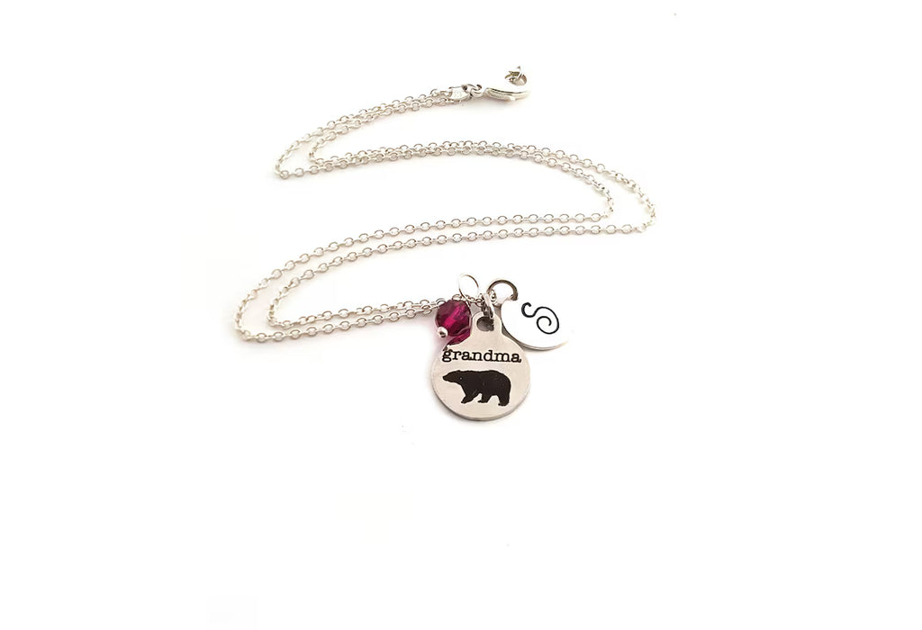 Grandma Bear Necklace – Sterling Silver with Birthstone & Initial Charm