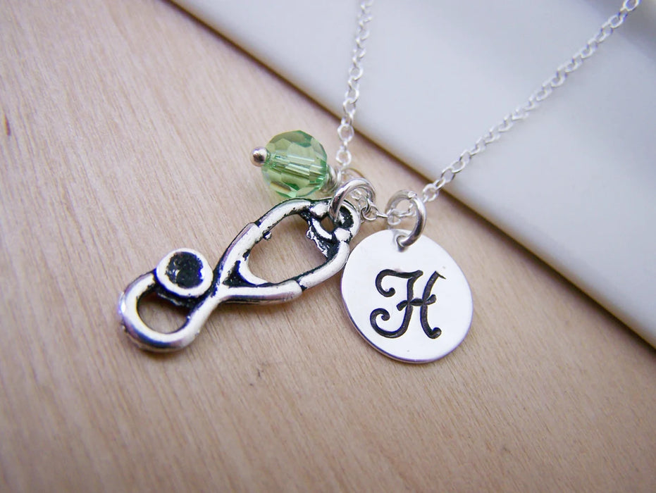 Stethoscope Necklace – Sterling Silver with Birthstone & Initial Charm