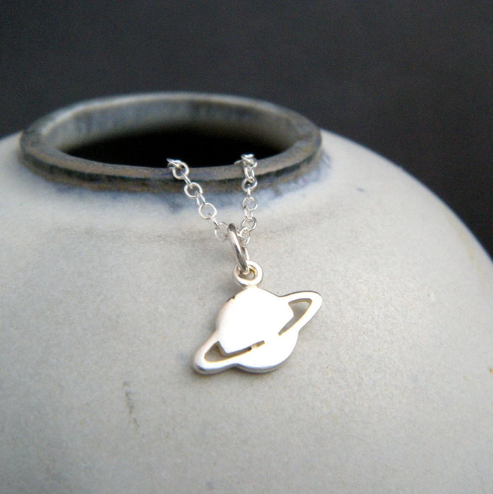 Tiny Saturn Necklace – Sterling Silver Planet with Ring Charm on 16" Chain