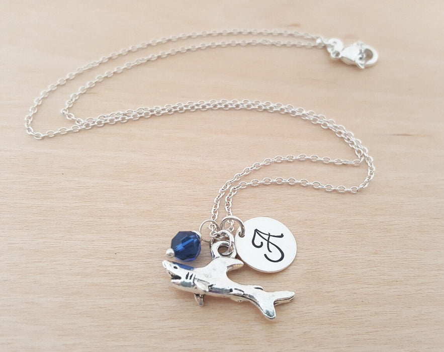 Shark Necklace – Sterling Silver with Birthstone & Initial Charm