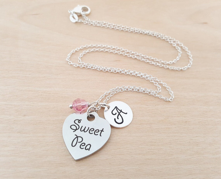 Sweet Pea Necklace – Sterling Silver with Birthstone & Initial Charm