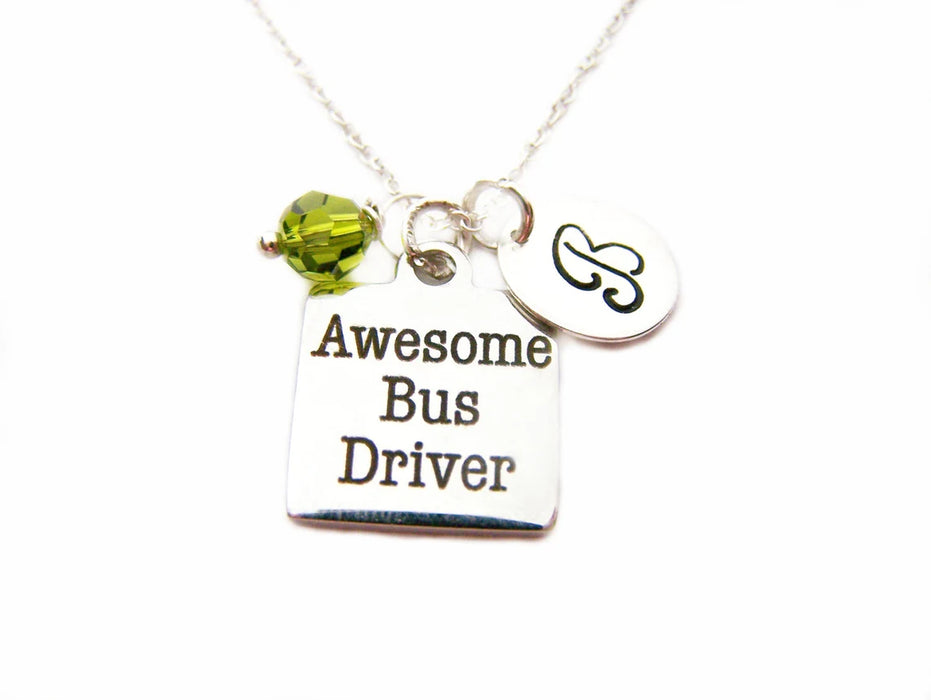 Personalized Bus Driver Necklace – Sterling Silver Chain with Birthstone & Initial