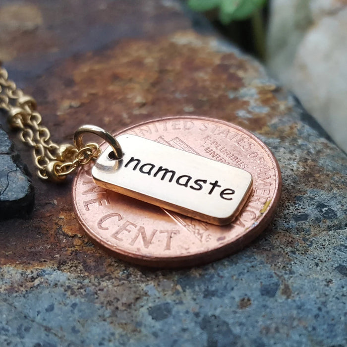 Tiny Namaste Necklace – Gold Word Tag on 16" Chain