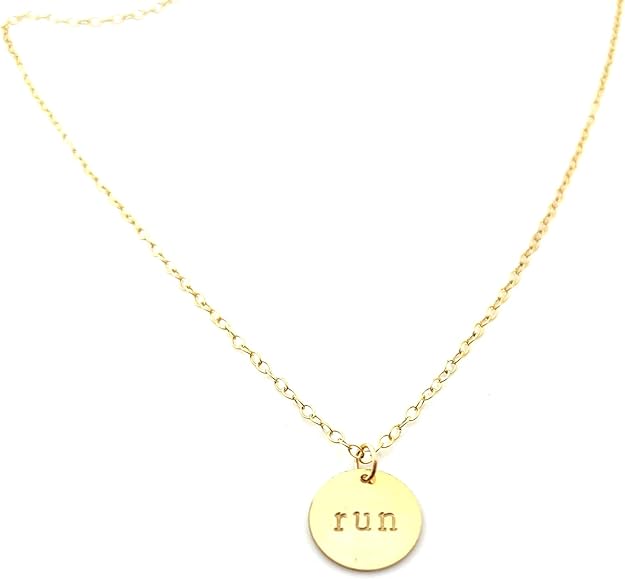 Hand Stamped “Run” Charm – 14k Gold Filled Disc Pendant – Fitness Jewelry for Runners