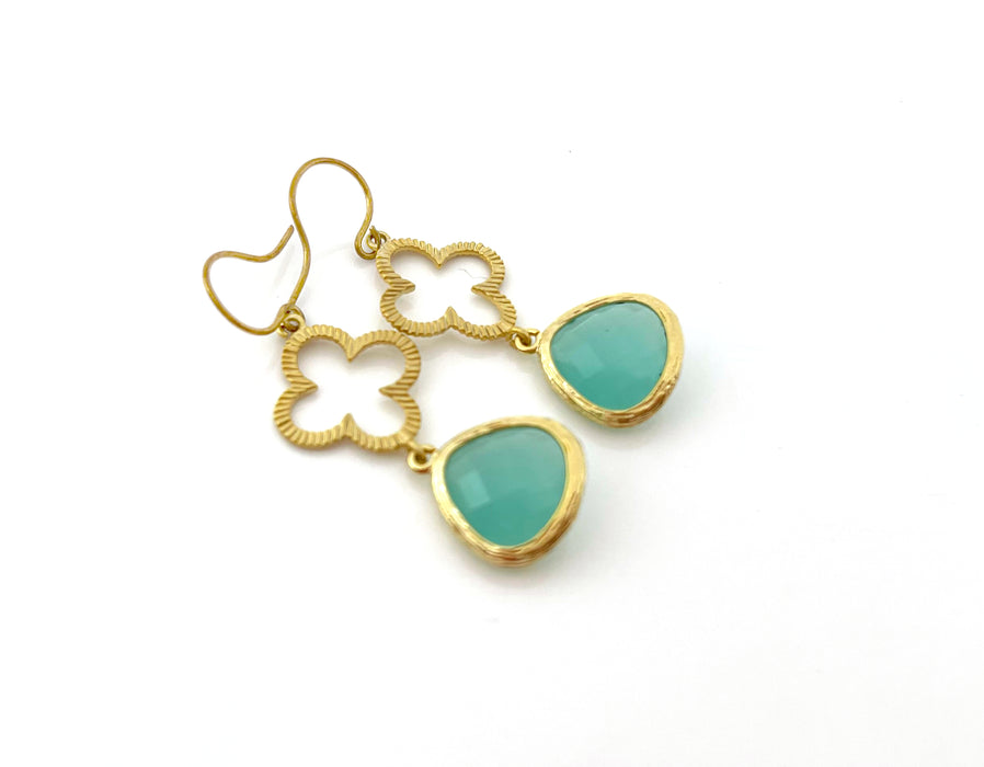 Aquamarine Glass Gold Clover Earrings