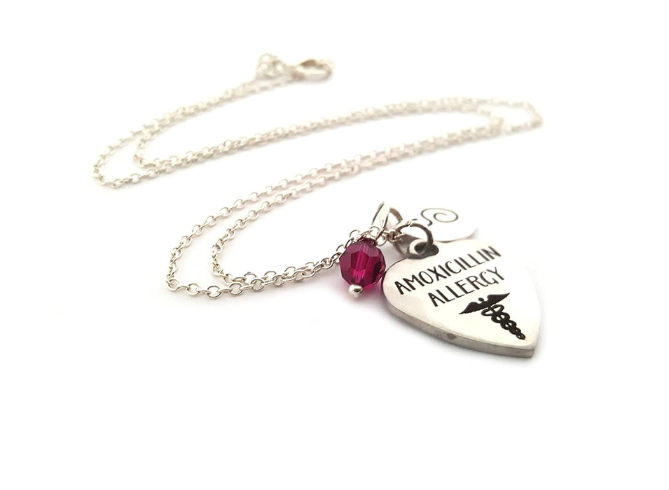Amoxicillin Allergy Medical Necklace – Hand Stamped Initial, Birthstone or Pearl, Sterling Chain