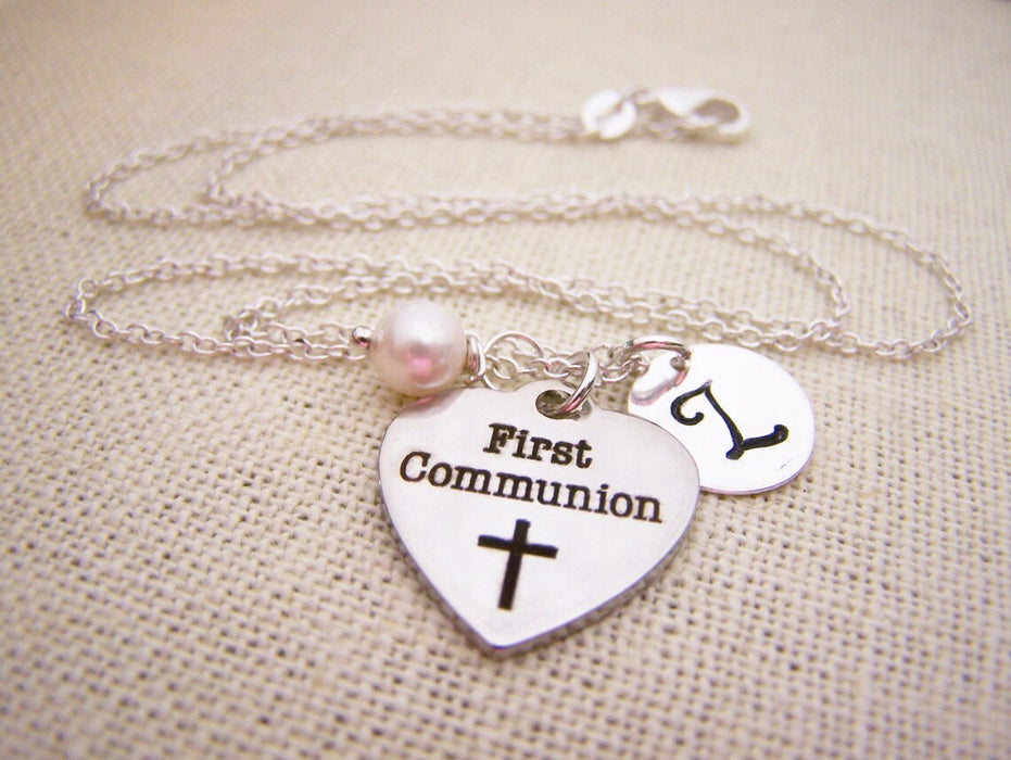 First Communion Necklace – Sterling Silver with Pearl, Initial & Stainless Steel Heart Charm