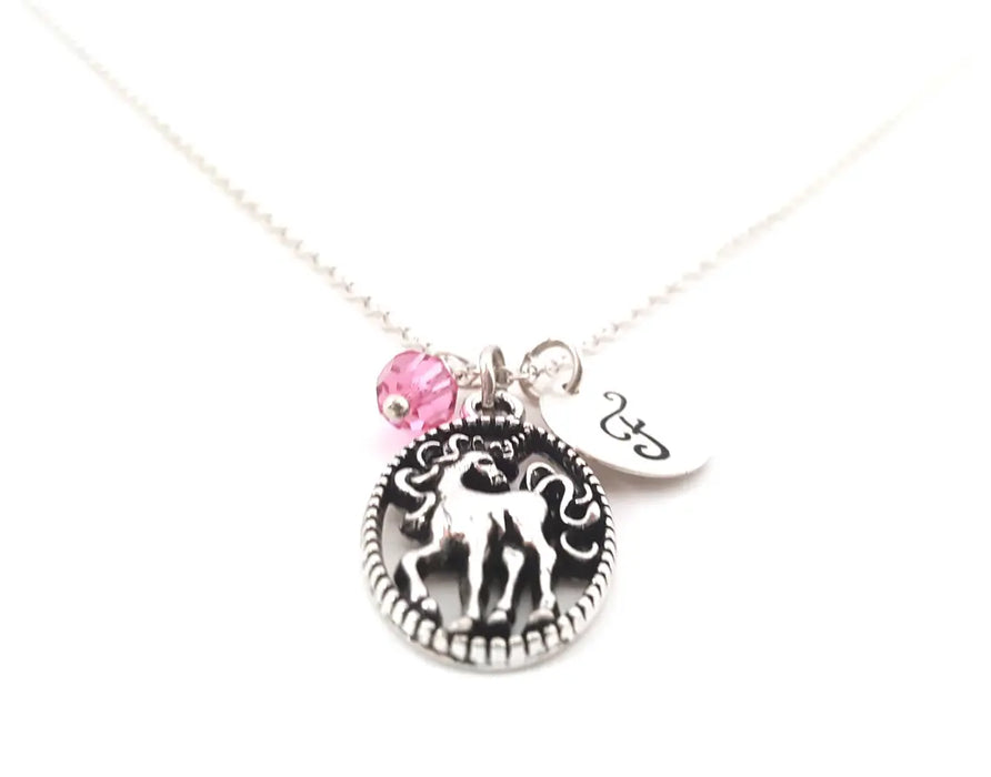 Unicorn Necklace – Sterling Silver with Birthstone & Initial Charm