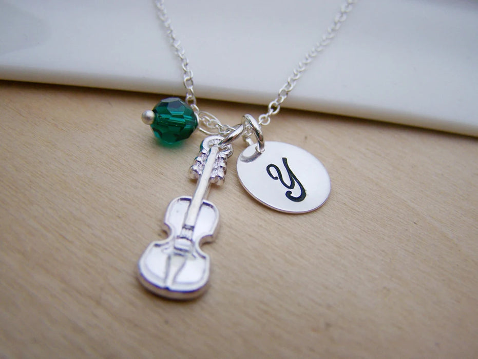 Personalized Violin Necklace – Sterling Silver with Birthstone & Initial Charm