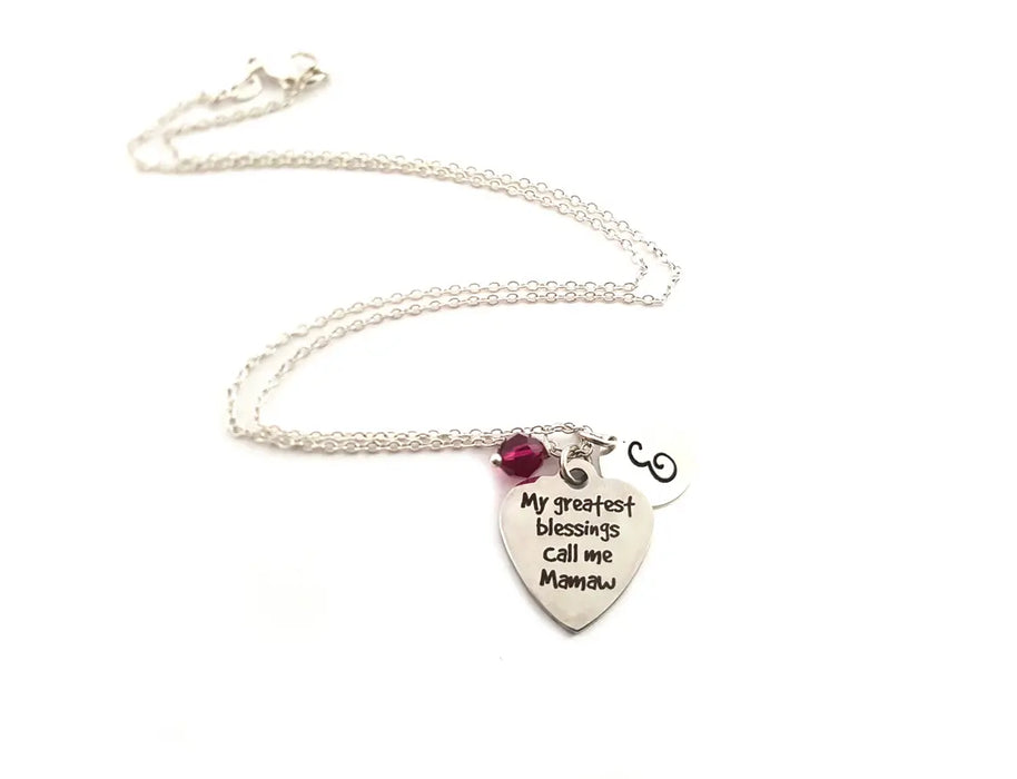 Call Me Mamaw Necklace – Sterling Silver with Birthstone & Initial Charm