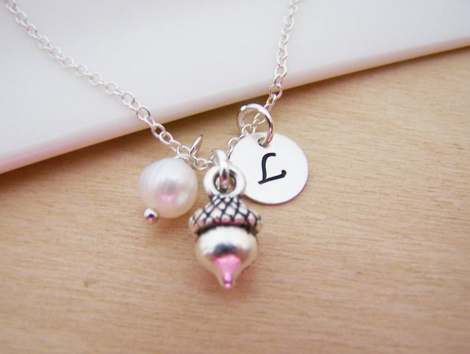 Tiny Acorn Necklace – Sterling Silver with Birthstone & Initial Charm
