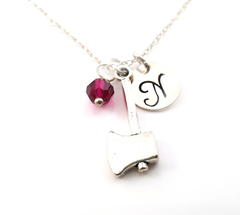 Personalized Axe Necklace – Sterling Silver Chain with Birthstone & Initial